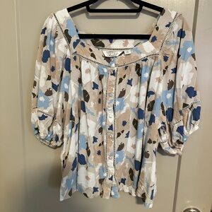 AFF Floral Puff Sleeve Blouse - Blue, White, Tan